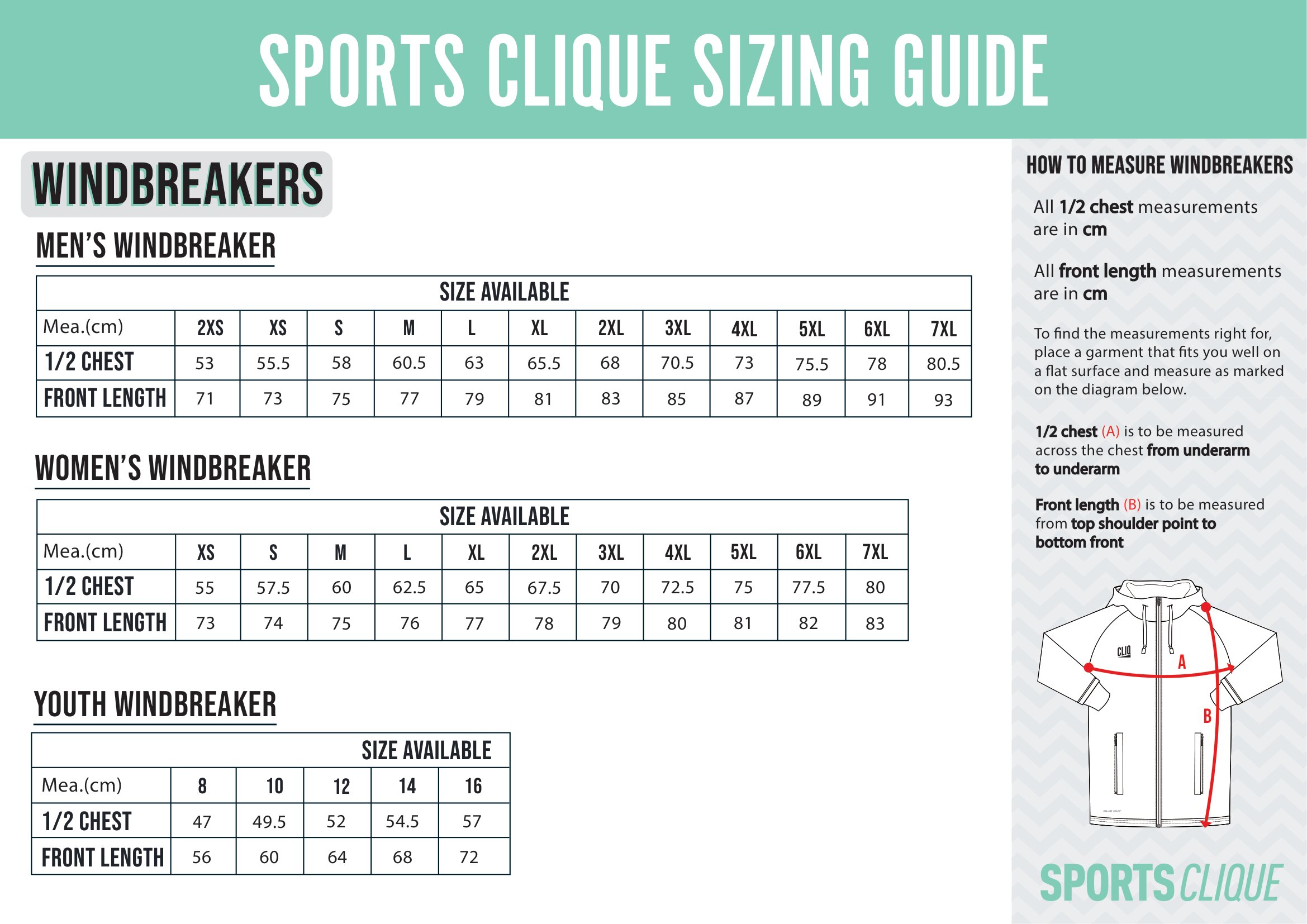 Sizing 4 SPORTS CLIQUE WINDBREAKER SIZING CHART 1
