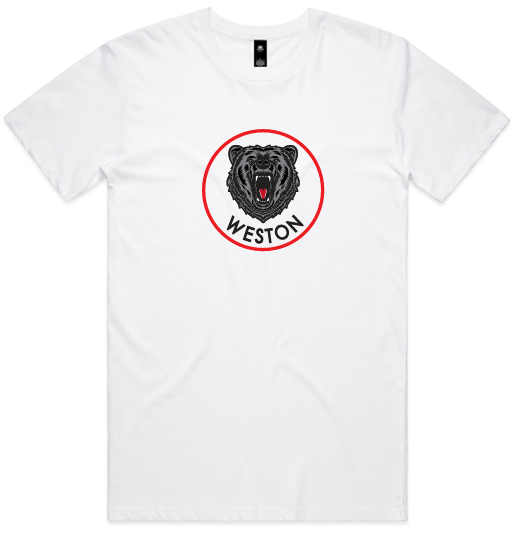 Weston FC – AS Staple Tee WHITE- ‘BEAR IN CIRCLE ‘ – VARSITY PRINT’ – 10/14 days – Weston FC