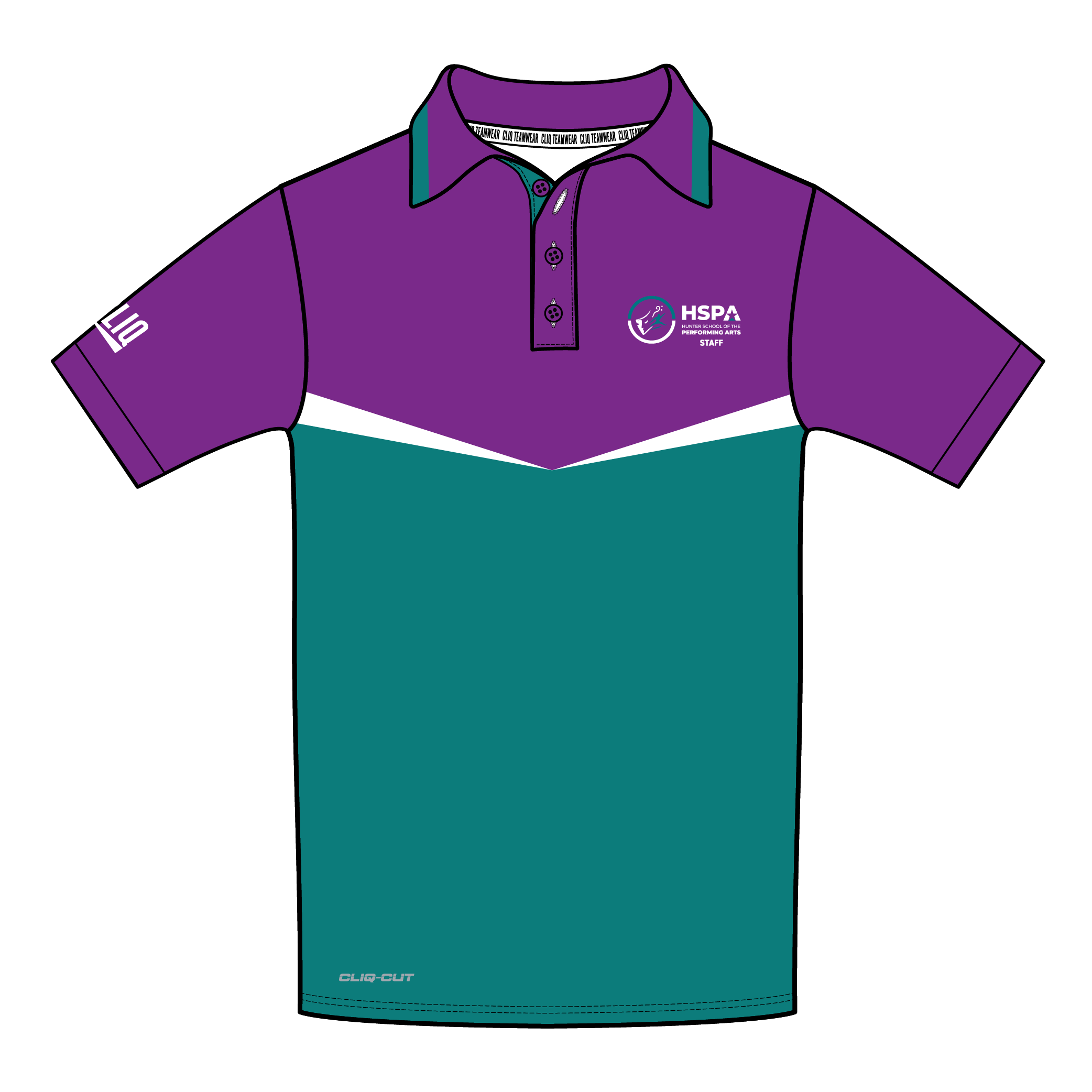 HSPA-Cliq Staff Polo GREEN-PURPLE UPPER-WHITE ‘V’/PURPLE SLEEVES-ALLOW 6 WEEKS LEAD TIME