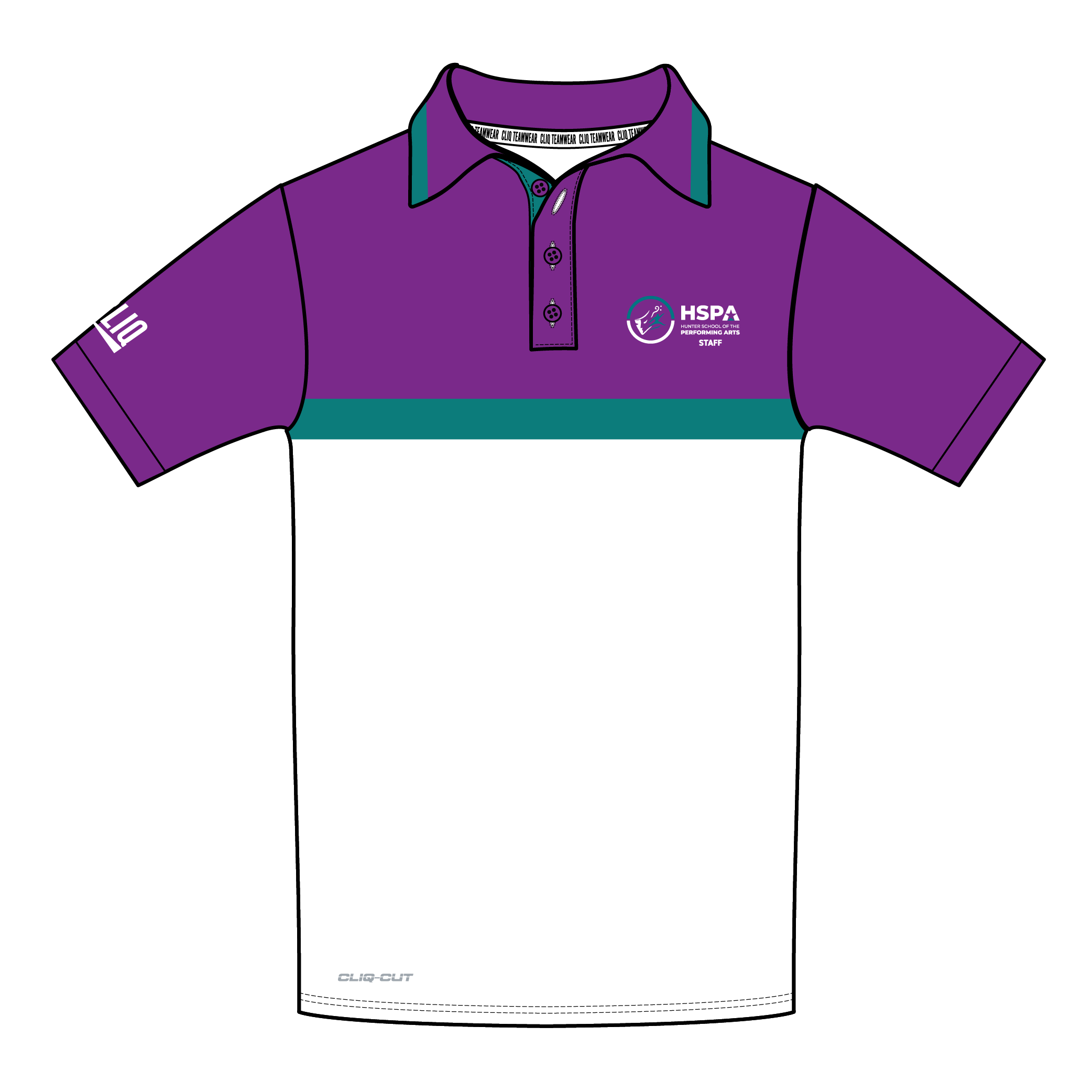 HSPA-Cliq Staff Polo WHITE-PURPLE UPPER-GREEN CHEST BAND-ALLOW 6 WEEKS LEAD TIME